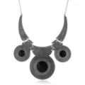 Große Vintage Statement Kette mit schwarzen Strasssteinen und strukturiertem Silbermetall. - Antiksilber