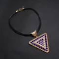 Oversized black leather cord necklace with a large triangle rhinestone and pearl pendant. - Royal Blue & Pearl