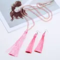 Rosa Kristallperlen lange Kette und Quasten Ohrringe Set, elegante Modeschmuck Accessoires. - Rosa