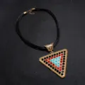 Exaggerated black leather cord rhinestone triangle pendant necklace fashion women jewelry - Black & Red & Blue