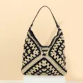 Handmade crochet shoulder bag stylish black beige woven hobo handbag for summer beach resort - Black