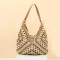 Crochet shoulder bag detail, hollow knit beach hobo purse, handmade casual summer style. - Khaki