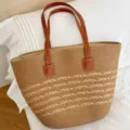 Borsa tote intrecciata in paglia estiva con manici in pelle marrone, borsa mare. - Solo Borsa / Kaki