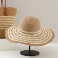 Cappello di paglia a tesa larga estivo dettaglio, cappello da sole da spiaggia intrecciato. - Solo Cappello / Kaki Kaki Rigato