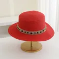 Sombrero de paja plano rojo para mujer, viaje de verano proteccion solar playa sombrero de ala plana - M (56-58cm) / Rojo