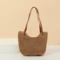 Detail view of the handmade crochet woven shoulder bag texture and brown leather strap. - Khaki 3#