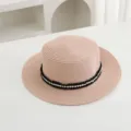 Sombrero de paja de verano para mujer con cinta de perlas proteccion solar playa gorro de sol chic - M (56-58cm) / Rosa