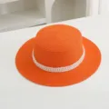 Sombrero de paja naranja para mujer sombrero de sol de verano con elegante adorno de perlas - M (56-58cm) / Naranja