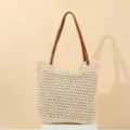 Handmade crochet woven underarm shoulder bag with brown leather strap for beach. - Beige 2#