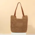 Brown crochet woven shoulder bag detail, stylish hollow mesh design with leather handles. - Khaki 2#