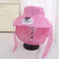 Women's sun protection hat with solar fan and face cover for outdoor summer activities. - Rose Red