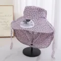 Summer women sun protection hat with solar powered fan floral print wide brim outdoor sunshade cap - Single Hat Only (Without Fan) / Gray