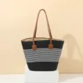 Black and white striped straw woven shoulder tote bag for summer beach vacation details - Black White Stripe (Single Bag)