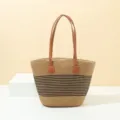 Summer straw tote bag with black stripes and brown leather handles for beach and daily casual use. - Khaki Black Stripe (Single Bag)