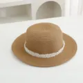 Chapeau de paille femme avec ruban de perles, chapeau de soleil de plage à bord large. - M (56-58cm) / Kaki