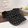 Women summer rhinestone empty top sun visor hat, stylish black outdoor anti-UV beach cap. - Adjustable / Black