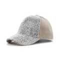 Detailed view of the sparkling rhinestone baseball cap with dense crystals and khaki fabric. - Adjustable / Khaki