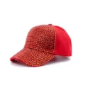 Detailed view of the sparkling red rhinestone baseball cap, showcasing the dazzling crystal finish. - Adjustable / Red