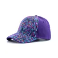 Detailed close-up of a stunning purple rhinestone baseball cap with sparkling colorful crystals. - Adjustable / Purple