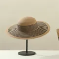 Chic striped straw sun hat for women summer beach vacation, stylish wide brim straw hat variant. - Fine Khaki Black Stripe (Single Hat)