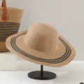 French style straw hat with black stripes, elegant broad brim summer beach sun hat accessory - Khaki