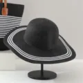 Black and white striped straw sun hat for women summer beach casual wide brim hat - Black (Hat Only)
