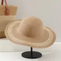 French pastoral style straw hat and striped tote bag set, ideal for summer beach vacation. - Khaki Beige Stripe