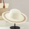 French style striped straw hat for women summer beach sun protection elegant wide brim cap - Milky White (Single Hat)
