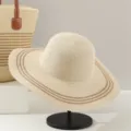 French style summer straw hat with striped pattern, wide brim beach sun hat for women. - Beige (Single Hat)