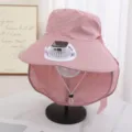 Chapeau de soleil ventilateur solaire femme été anti-UV à large bord avec protection de cou - Rose
