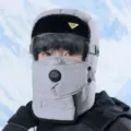 Winter windproof trapper hat with goggles and face mask for men cycling warm outdoor use. - Hat Only (Without Goggles) / Light Gray