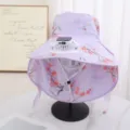 Summer solar rechargeable fan sun hat with digital display, floral UV protection outdoor cap - Single Hat Only (Without Fan) / Light Purple
