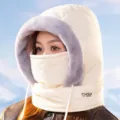 Winter windproof cycling warm hat with face mask and plush lining for cold weather outdoor sports. - One Size / Off White
