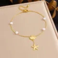 Gold Starfish Shell Anklet Stainless Steel White Pearl Beach Foot Jewelry For Women - Double Pendant Starfish Shell and Artificial Pearl Style (B1697)