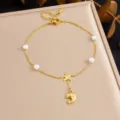 Gold Dolphin Starfish Pearl Anklet for Women Summer Beach Stainless Steel Foot Jewelry - Starfish Connector and 3D Dolphin Pendant Style (B1698)