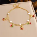 Gold double layer anklet with cute cherry and pearl charms, perfect sweet style jewelry for women. - Double Layer Artificial Pearl and Heart Cherry Pendant Style (B1699)