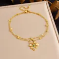 Double layer stainless steel rhinestone flower anklet for women gold tone elegant foot jewelry - Double Layer Rhinestone Beads Multi-color Flower Heart Pendant Style (B1702)