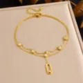 Double layer gold anklet with sparkling zircon stones and sliding diamond pendant jewelry. - Double Layer Rhinestone Round Move Rectangular Pendant Style (B1703)