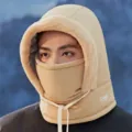 Detailed view of the winter cycling thermal balaclava hat with faux fur lining and windproof mask. - One Size / Khaki