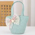 Bolso tejido para niños bolsa de paja verde claro con dulce lazo de encaje para niñas pequeñas. - Verde Fruta