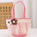 Charming pink straw woven mini handbag detail with sweet lace and cute floral decor. - 17x14x6.5 / Peach