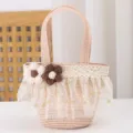 Kids mini straw bag with sweet mesh lace and floral detail, cute woven handbag for baby girls. - 17x14x6.5 / Lotus Pink