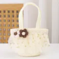 Kids straw bag detail showing cute mesh tulle lace overlay and handmade crochet flower decor. - 17x14x6.5 / Cream