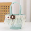 Cute children mini straw bag detail view with sweet mesh lace and lovely crochet flowers bag. - 17x14x6.5 / Fruit Green
