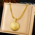 Gold-plated stainless steel snake chain necklace with textured round pendant for women. - N3183 Necklace