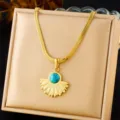 Gold plated stainless steel sunburst turquoise pendant necklace for women fashion jewelry accessory - N3189 Necklace