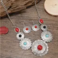 Bohemian vintage silver turquoise necklace earrings set, retro floral pendant jewelry. - Silver + Multicolor