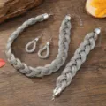 Silberner geflochtener Mesh Schmuckset, elegante Halskette, Armband und Ohrringe für Damen schick. - Silber