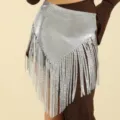 Silver sequin mesh fringe waist chain belly dance hip scarf sparkling costume accessory detail - Silver
