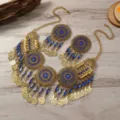 Vintage goldfarbene Münzen Quasten Halskette und Ohrringe Set für Damen Schmuck - Altgold Königsblau